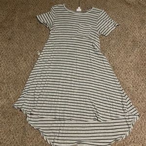 Brand is LuLa Roe. Size is XXS. Color is light gray with dark gray stripes.